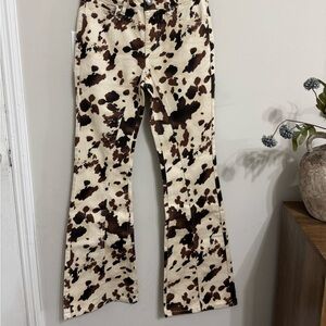 NWT Forever 21 Cow Print Flared Denim Jeans Accent Brown Beige Western
